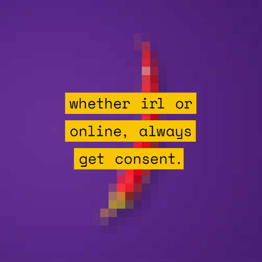 Pixelated image of a red chilli pepper with the text 'whether irl or online, always get consent' overlaid on top